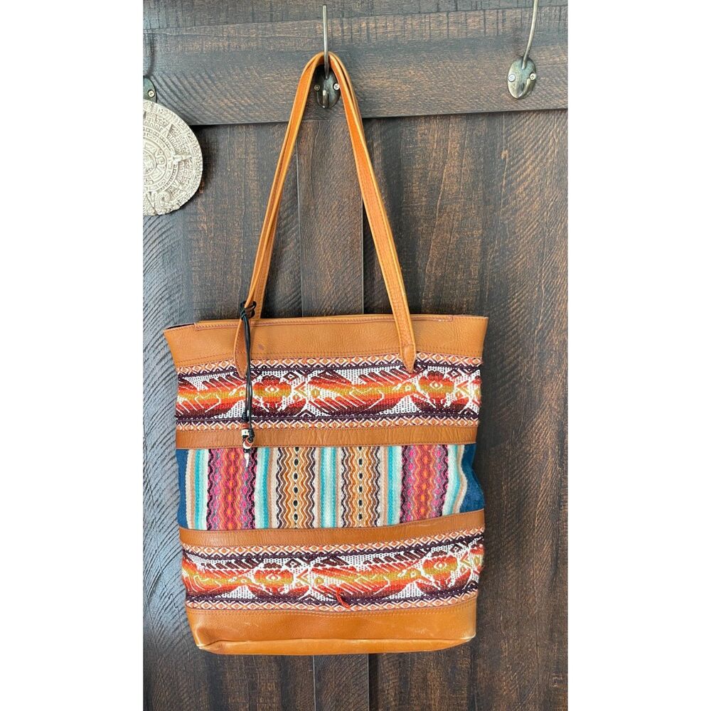 Camari Ecuador Leather Wool Woven Tote Bag Andean Boho Tribal Shoulder Purse